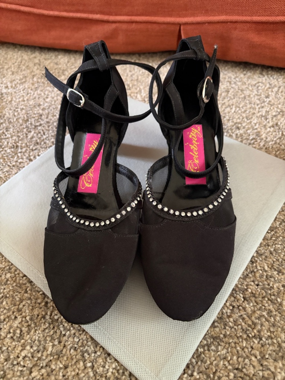 Celebrity Black Ankle-Strap Heels with Rhinestone Trim. Ballroom Dance.